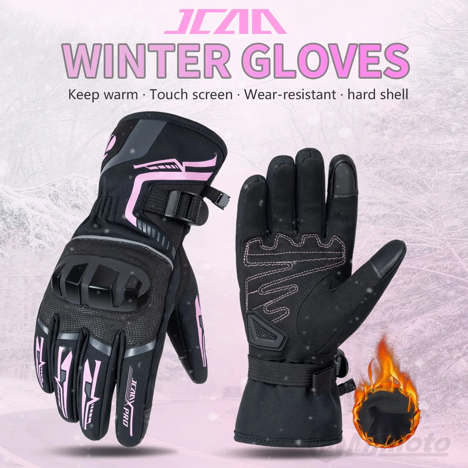 Pink Winter Thermal Motorcycle Gloves Waterproof and Touchscreen Use